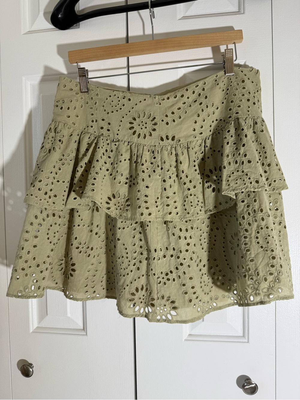 Express Olive Green Eyelet Tiered Mini Skirt